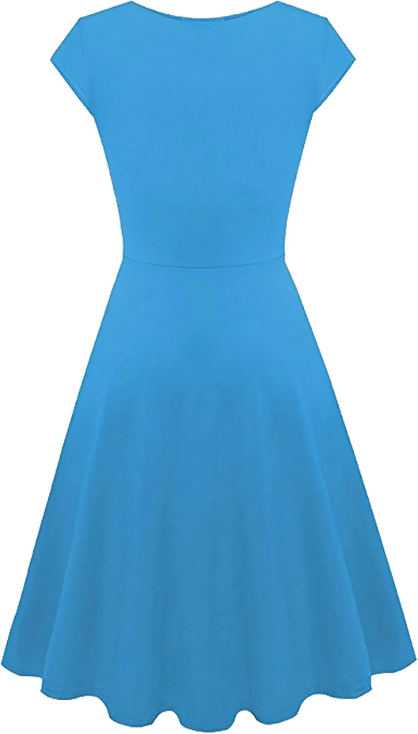 OMZIN Women's Elegant V-Neck Dress Short Sleeve Solid Color Runway Evening Dress