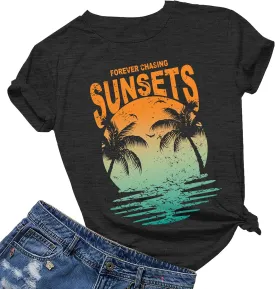 Oversized Sunset Graphic Tees for Women: Forever Chasing Sunset Graphic Tees Summer Casual Hawaiian Shirts for Women
