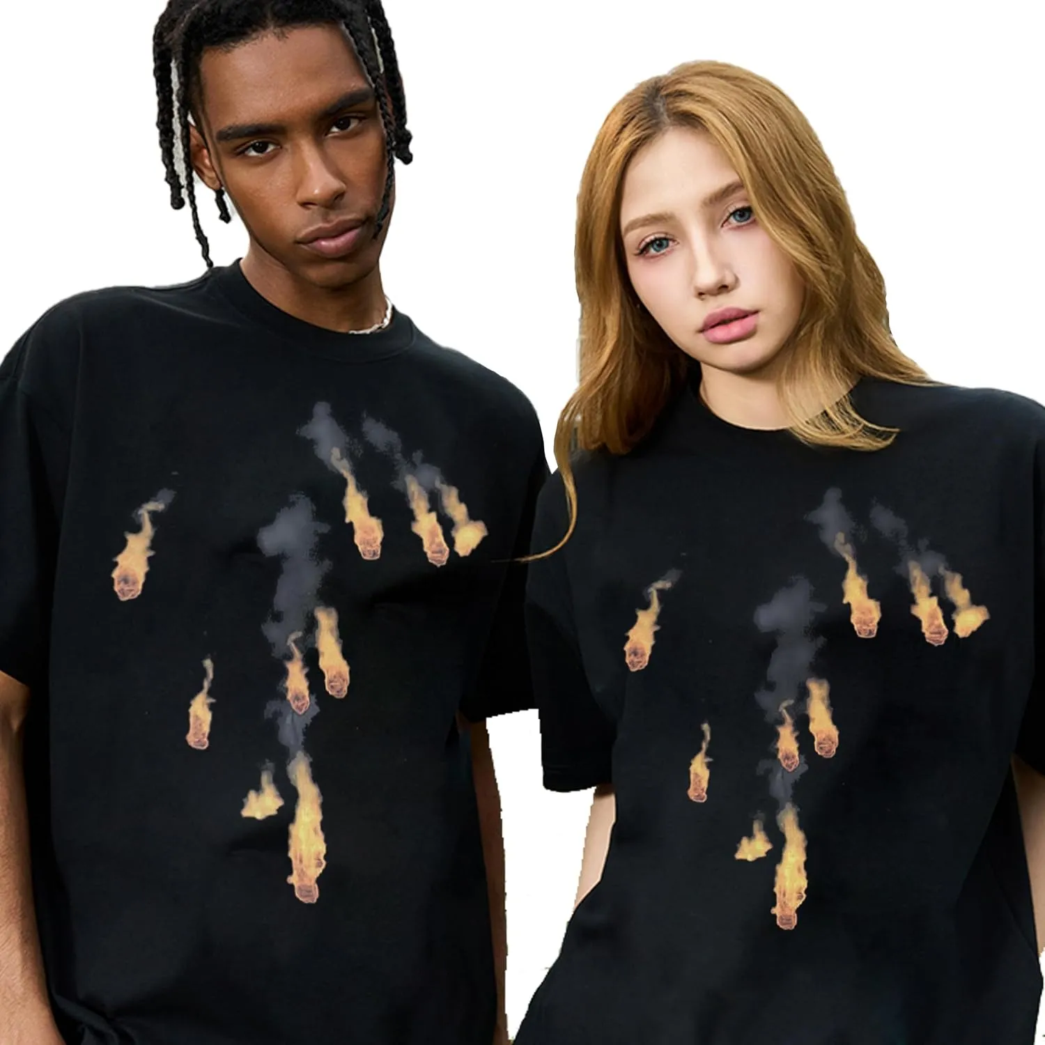 Oversized Tshirts Y2K Graphic Tees: Flame Skull Print Crew Neck Heavyweight Shirts Streetwear Funny Tops for Unisex