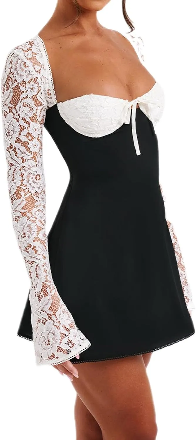 Owl's-Yard Women's White Mini Dress, Low Cut Back Tie, Lace Long Sleeve, A-Line, Formal, Casual, All Seasons, S/M/L