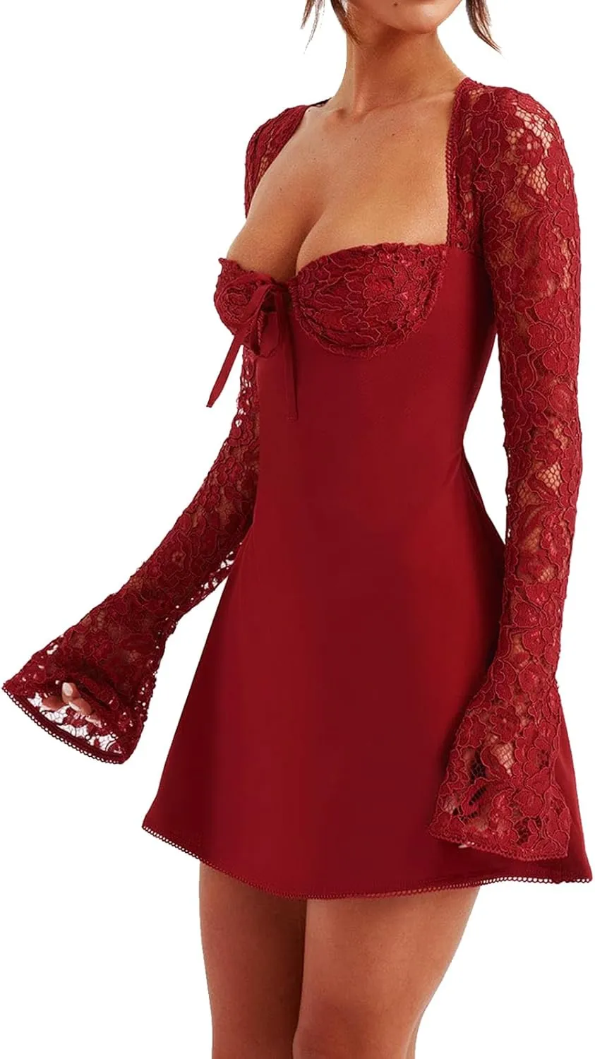 Owl's-Yard Women's White Mini Dress, Low Cut Back Tie, Lace Long Sleeve, A-Line, Formal, Casual, All Seasons, S/M/L