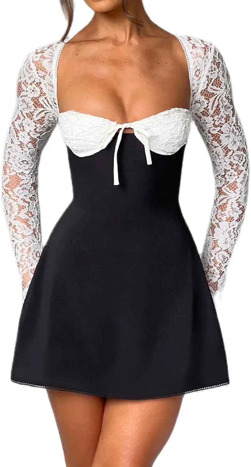 Owl's-Yard Women's White Mini Dress, Low Cut Back Tie, Lace Long Sleeve, A-Line, Formal, Casual, All Seasons, S/M/L