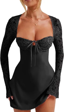 Owl's-Yard Women's White Mini Dress, Low Cut Back Tie, Lace Long Sleeve, A-Line, Formal, Casual, All Seasons, S/M/L