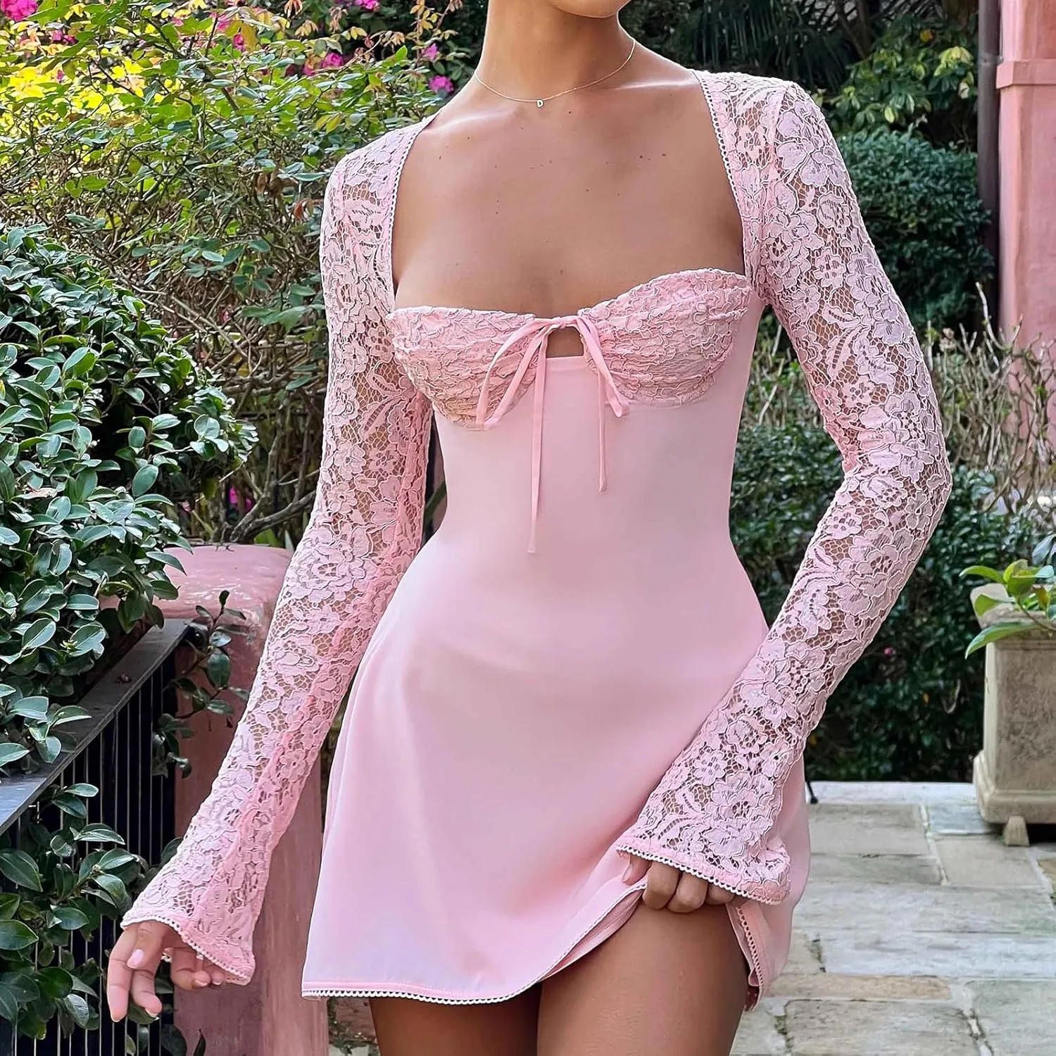 Owl's-Yard Women's White Mini Dress, Low Cut Back Tie, Lace Long Sleeve, A-Line, Formal, Casual, All Seasons, S/M/L