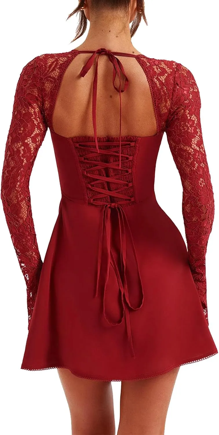 Owl's-Yard Women's White Mini Dress, Low Cut Back Tie, Lace Long Sleeve, A-Line, Formal, Casual, All Seasons, S/M/L