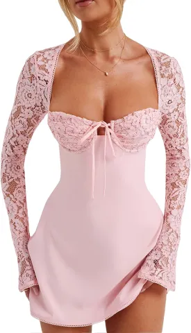 Owl's-Yard Women's White Mini Dress, Low Cut Back Tie, Lace Long Sleeve, A-Line, Formal, Casual, All Seasons, S/M/L