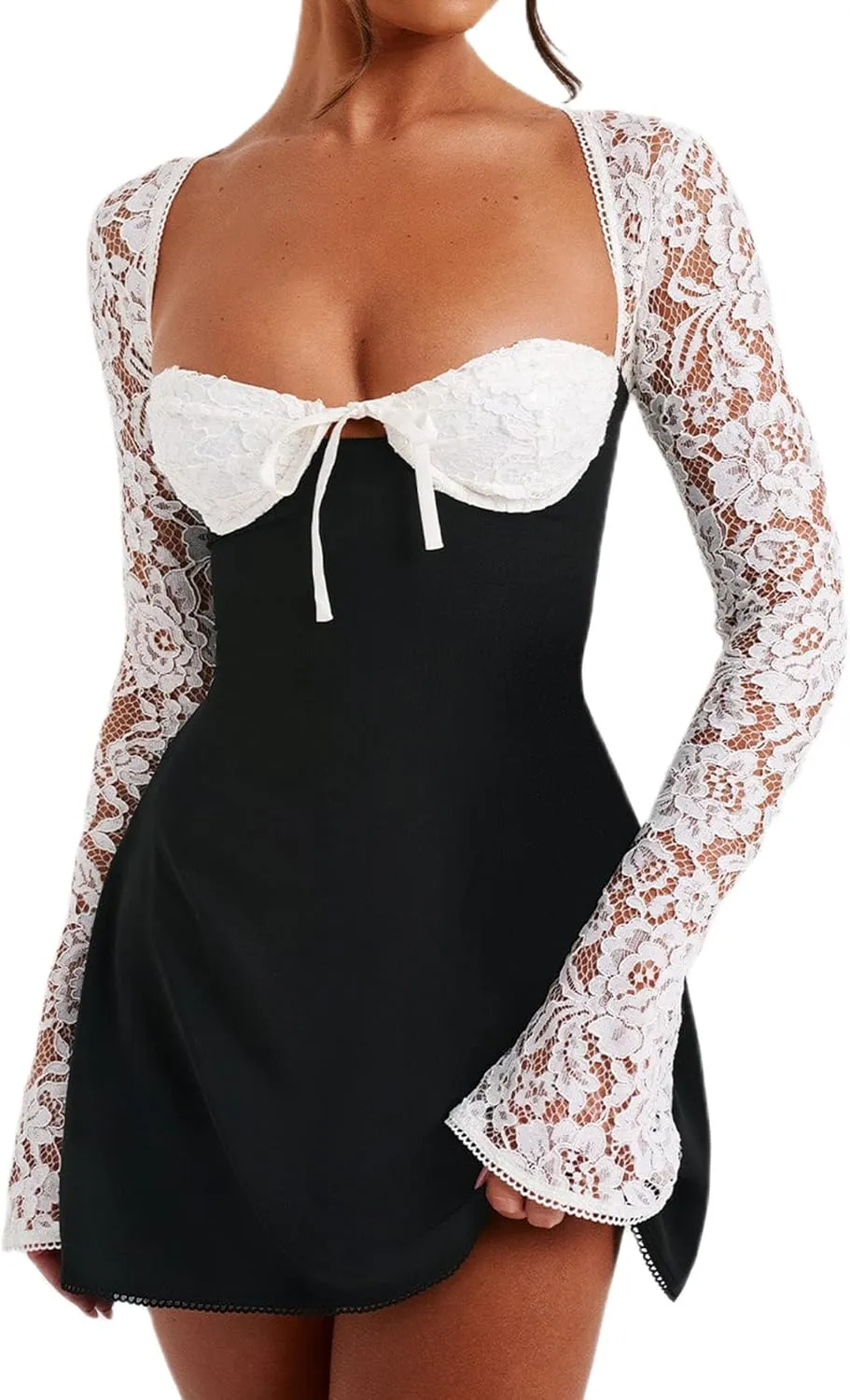 Owl's-Yard Women's White Mini Dress, Low Cut Back Tie, Lace Long Sleeve, A-Line, Formal, Casual, All Seasons, S/M/L