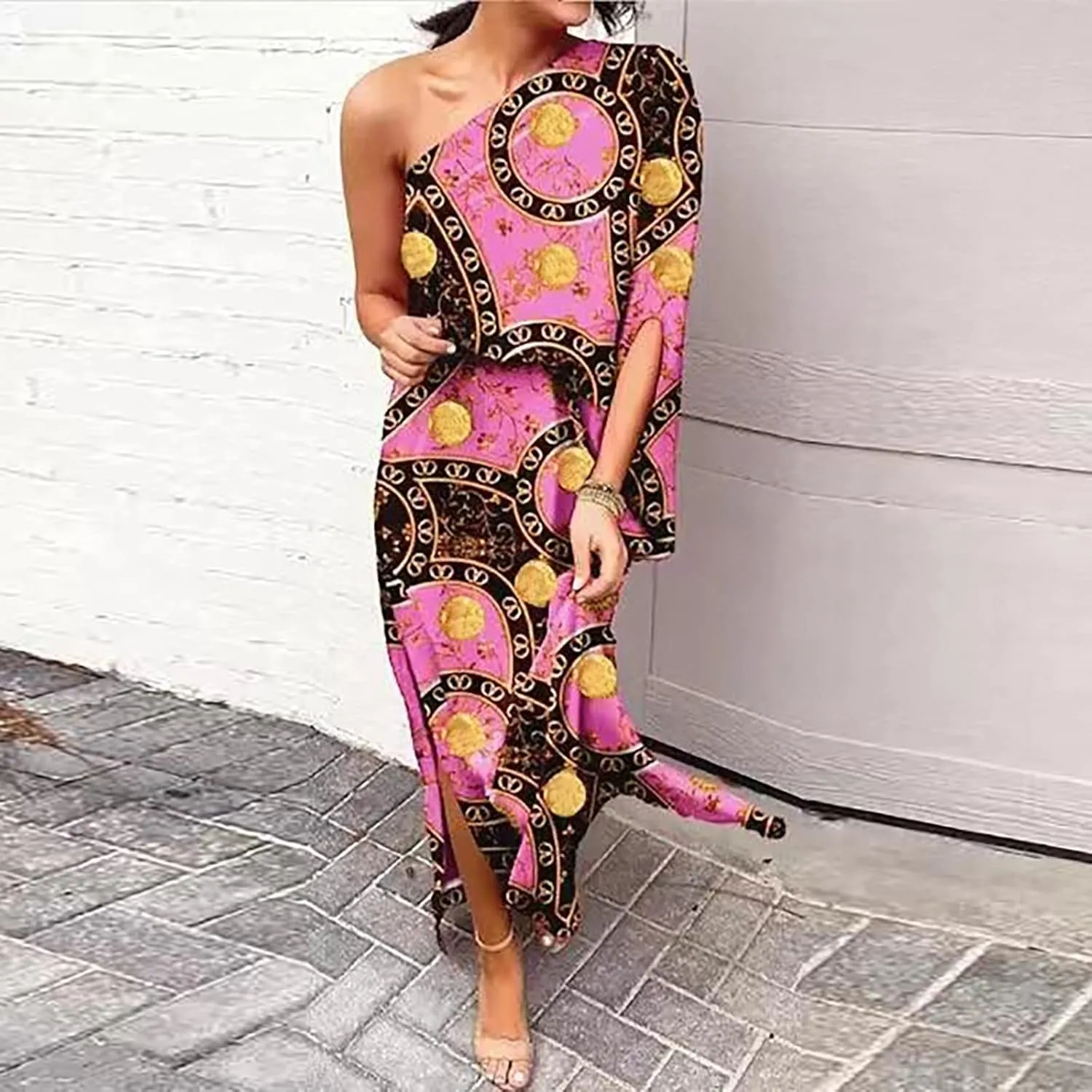 PETYCZEN One Shoulder Dresses for Women Summer Floral Print Batwing Sleeve Ruched Dress Sexy Side Split Club Cocktail Dresses