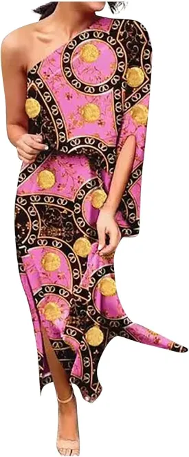 PETYCZEN One Shoulder Dresses for Women Summer Floral Print Batwing Sleeve Ruched Dress Sexy Side Split Club Cocktail Dresses