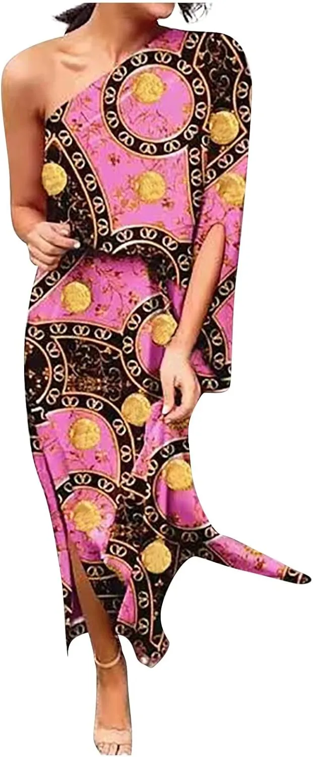 PETYCZEN One Shoulder Dresses for Women Summer Floral Print Batwing Sleeve Ruched Dress Sexy Side Split Club Cocktail Dresses