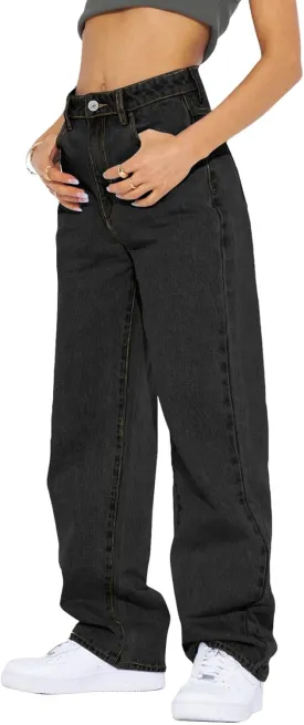 PLNOTME Women's High Waisted Boyfriend Baggy Jeans Straight Leg Casual Denim Pants