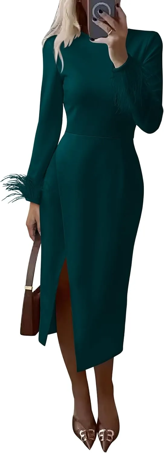 PRETTYGARDEN Women's 2025 Fall Long Sleeve Dress Formal Midi Bodycon Wrap Slit Feather Elegant Wedding Guest Cocktail Dresses