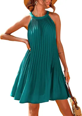 PRETTYGARDEN Women's Cute Halter Neck Sleeveless Mini Dress Solid Color Flowy Pleated Beach Dress Sundress
