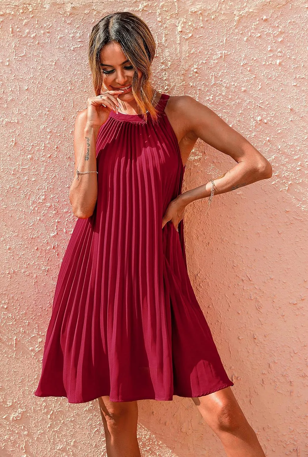 PRETTYGARDEN Women's Cute Halter Neck Sleeveless Mini Dress Solid Color Flowy Pleated Beach Dress Sundress