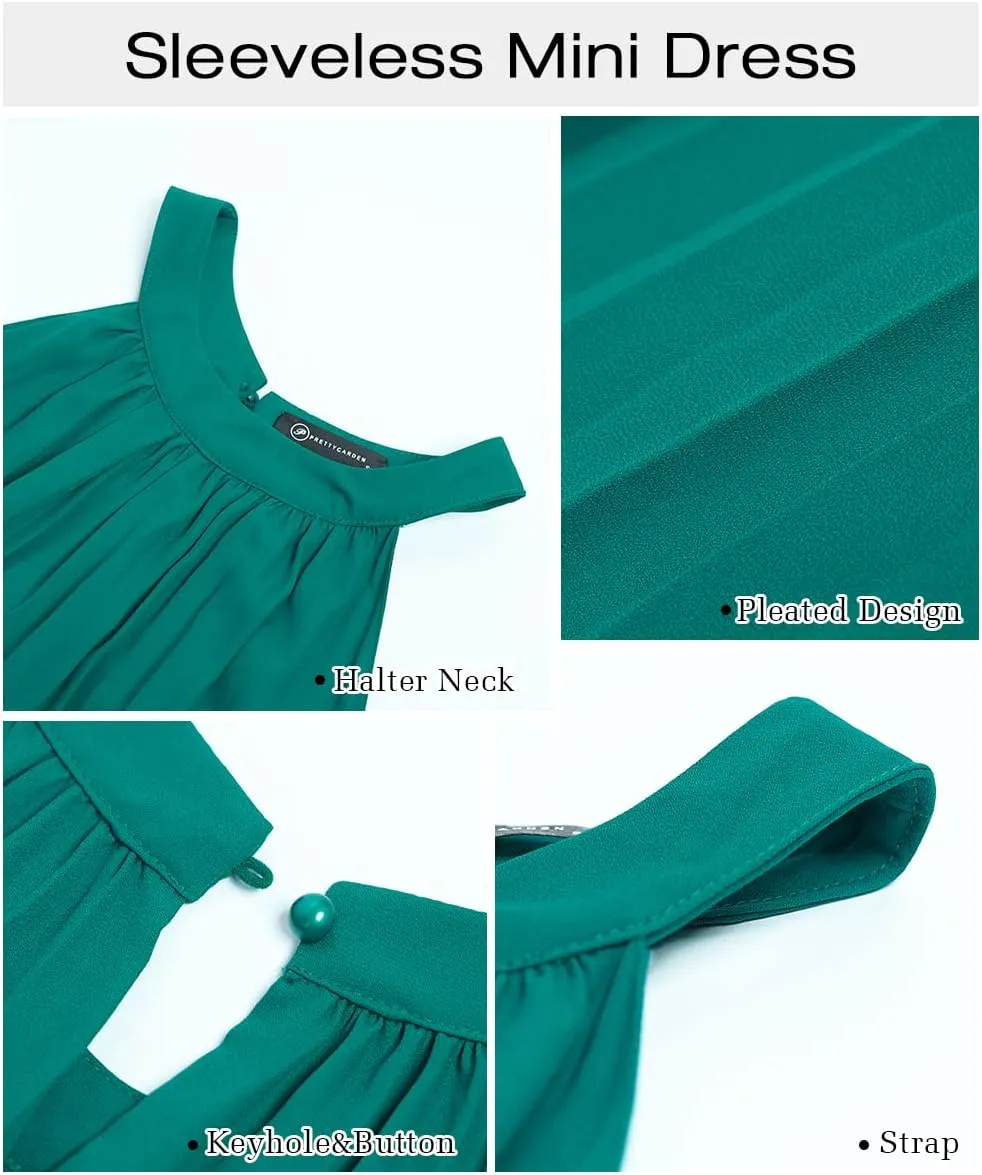 PRETTYGARDEN Women's Cute Halter Neck Sleeveless Mini Dress Solid Color Flowy Pleated Beach Dress Sundress
