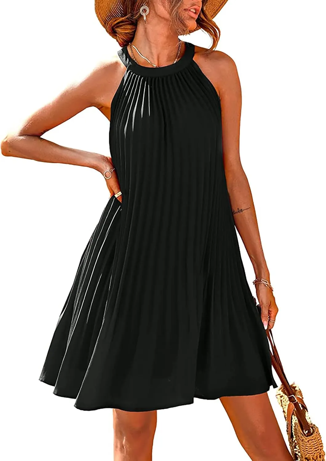PRETTYGARDEN Women's Cute Halter Neck Sleeveless Mini Dress Solid Color Flowy Pleated Beach Dress Sundress