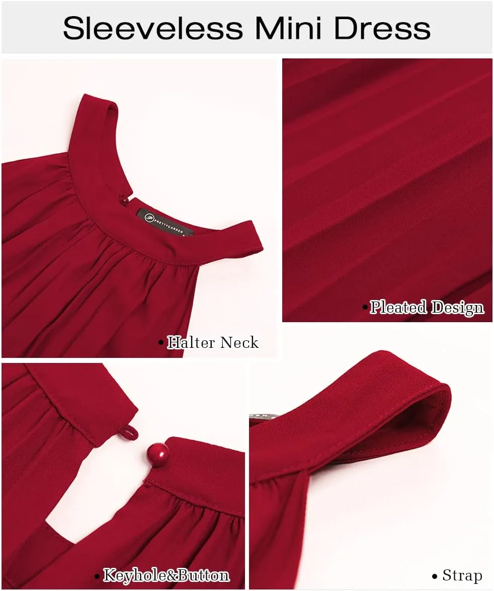 PRETTYGARDEN Women's Cute Halter Neck Sleeveless Mini Dress Solid Color Flowy Pleated Beach Dress Sundress