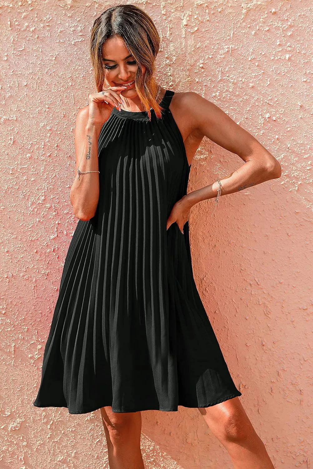 PRETTYGARDEN Women's Cute Halter Neck Sleeveless Mini Dress Solid Color Flowy Pleated Beach Dress Sundress