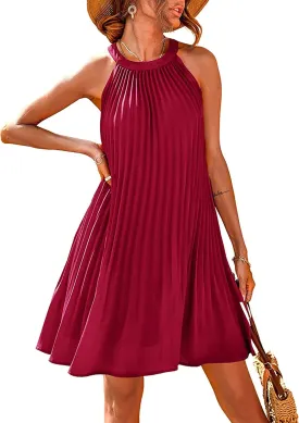 PRETTYGARDEN Women's Cute Halter Neck Sleeveless Mini Dress Solid Color Flowy Pleated Beach Dress Sundress