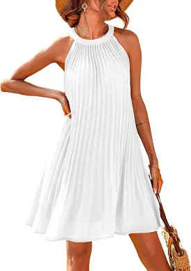 PRETTYGARDEN Women's Cute Halter Neck Sleeveless Mini Dress Solid Color Flowy Pleated Beach Dress Sundress