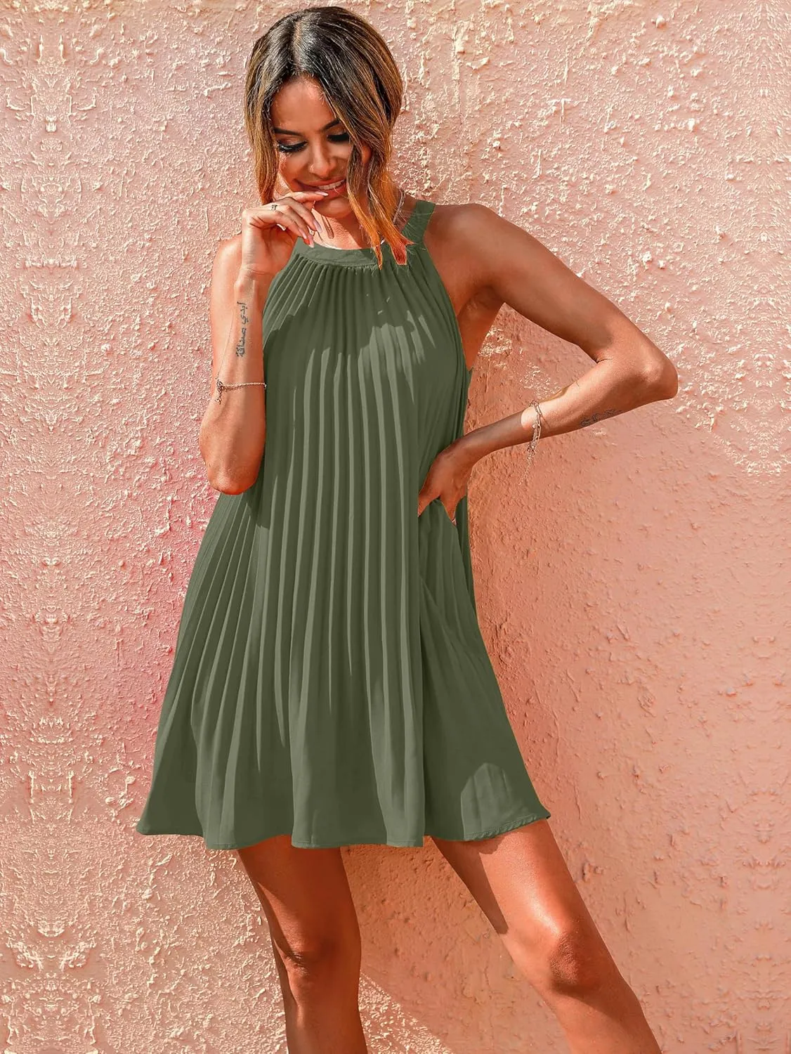 PRETTYGARDEN Women's Cute Halter Neck Sleeveless Mini Dress Solid Color Flowy Pleated Beach Dress Sundress