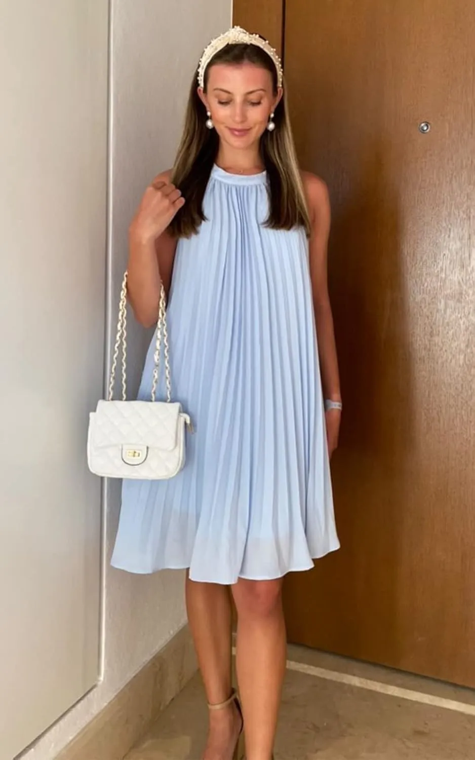 PRETTYGARDEN Women's Cute Halter Neck Sleeveless Mini Dress Solid Color Flowy Pleated Beach Dress Sundress