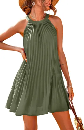 PRETTYGARDEN Women's Cute Halter Neck Sleeveless Mini Dress Solid Color Flowy Pleated Beach Dress Sundress