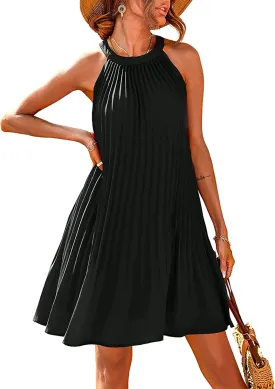 PRETTYGARDEN Women's Cute Halter Neck Sleeveless Mini Dress Solid Color Flowy Pleated Beach Dress Sundress