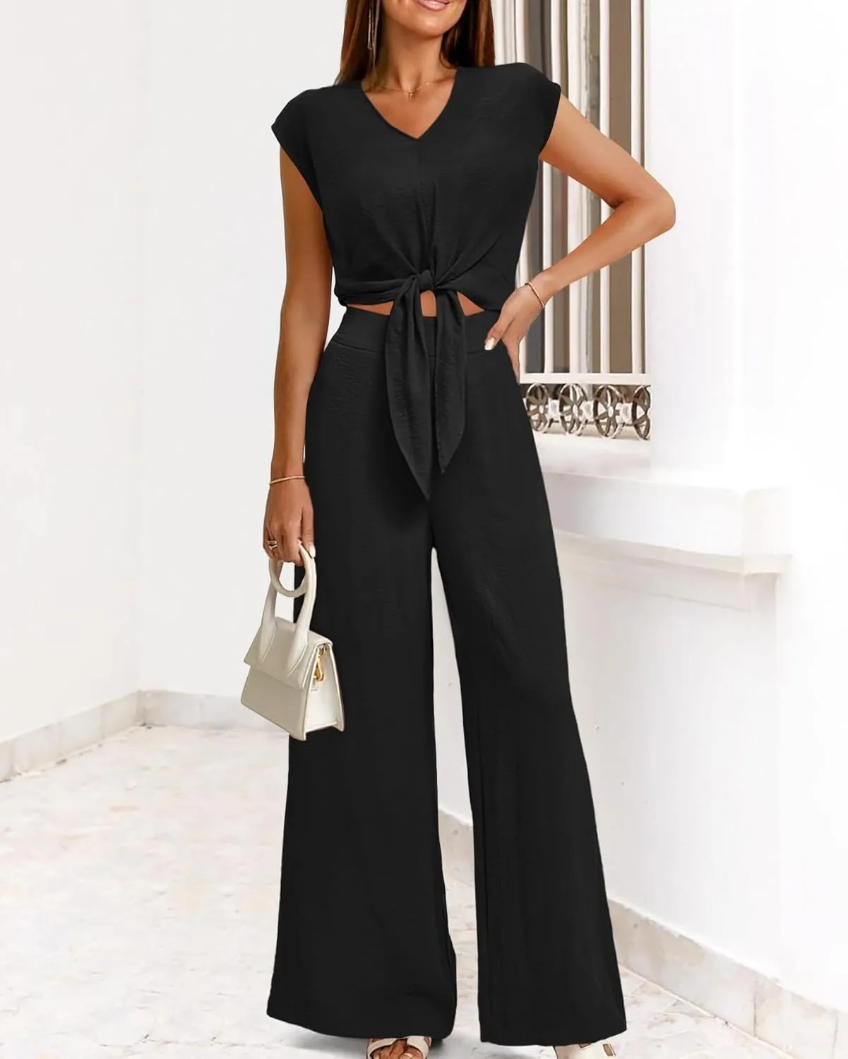 PRETTYGARDEN Women's Summer 2 Piece Outfits 2025 Cap Sleeve V Neck Belted Crop Tops Wide Leg Pant Sets Casual Tracksuit