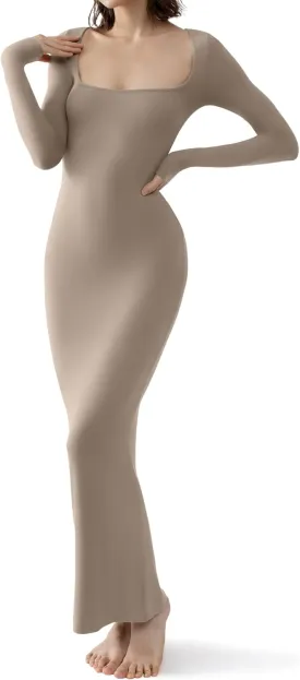 PUMIEY Women's Square Neck Long Sleeve Maxi Dress Ribbed Bodycon Dresses for Women Soft Lounge Dress