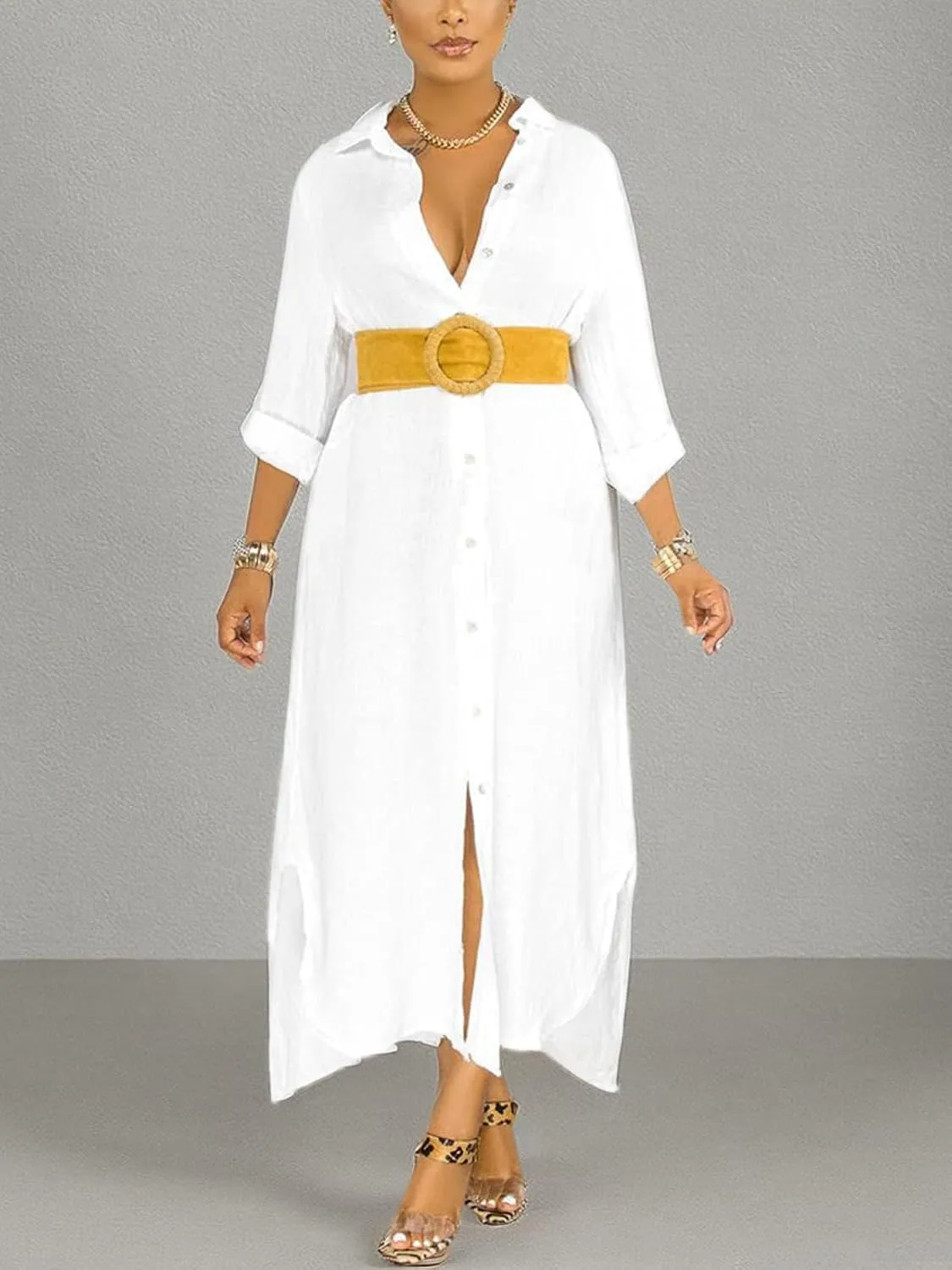qfmqkpi Women's Solid Color 3/4 Rolled-Up Sleeve Shirts Dress Buttons Down Side Slit Maxi Dresses