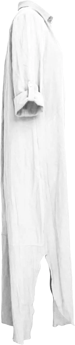qfmqkpi Women's Solid Color 3/4 Rolled-Up Sleeve Shirts Dress Buttons Down Side Slit Maxi Dresses