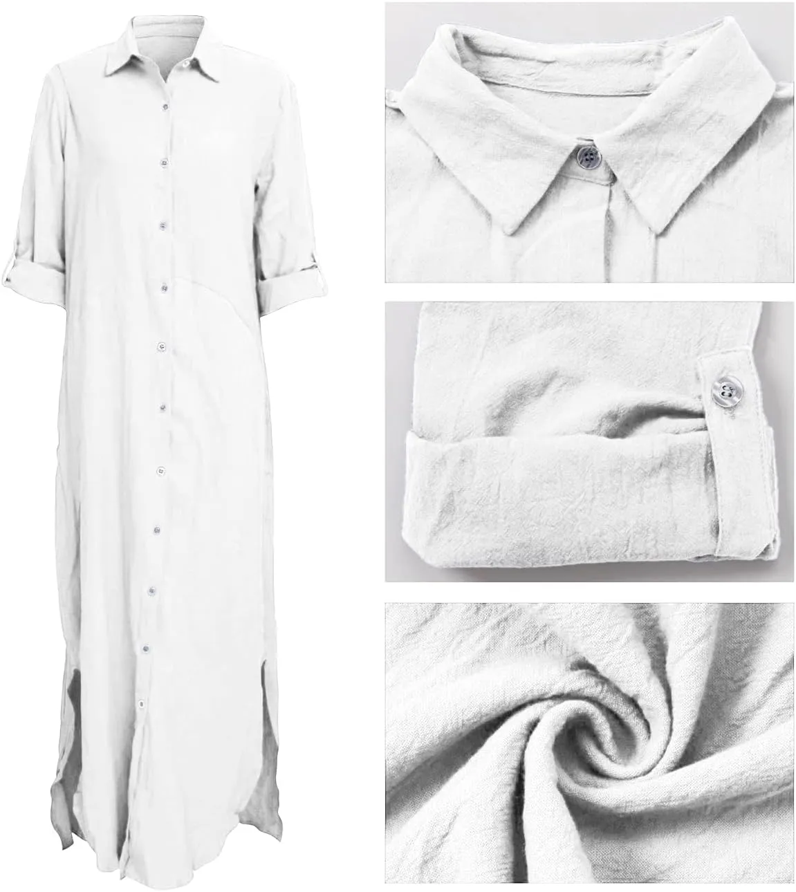 qfmqkpi Women's Solid Color 3/4 Rolled-Up Sleeve Shirts Dress Buttons Down Side Slit Maxi Dresses