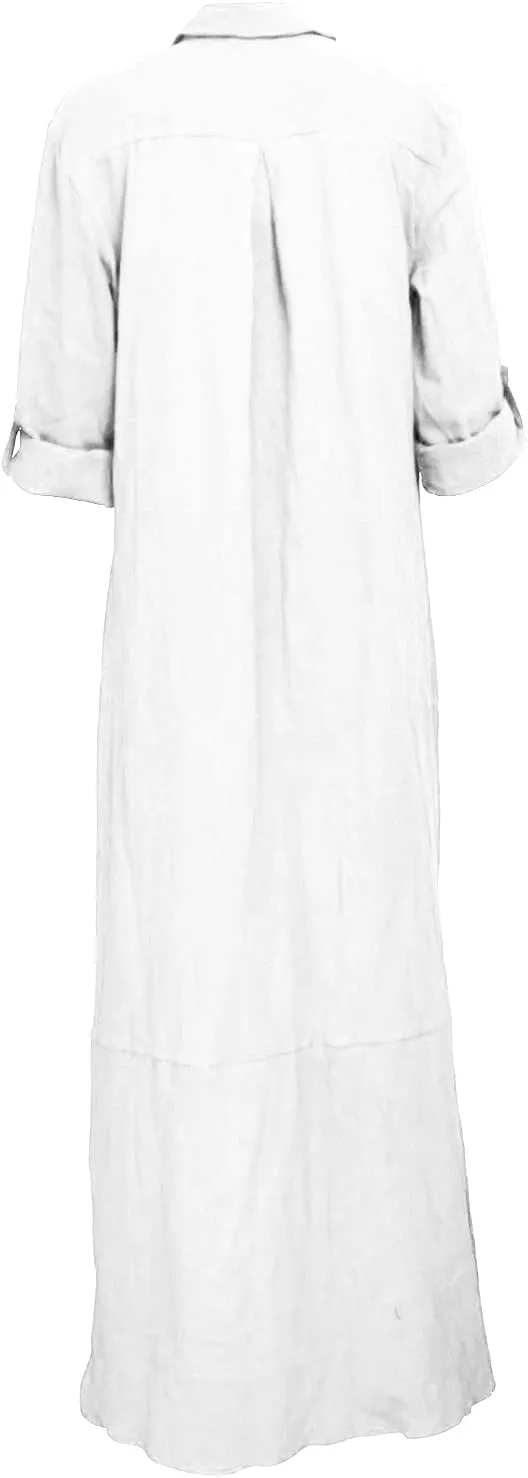 qfmqkpi Women's Solid Color 3/4 Rolled-Up Sleeve Shirts Dress Buttons Down Side Slit Maxi Dresses