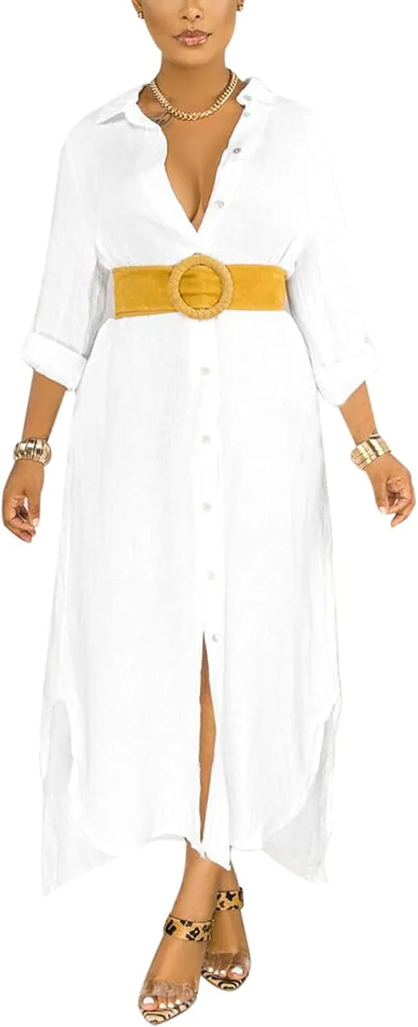 qfmqkpi Women's Solid Color 3/4 Rolled-Up Sleeve Shirts Dress Buttons Down Side Slit Maxi Dresses