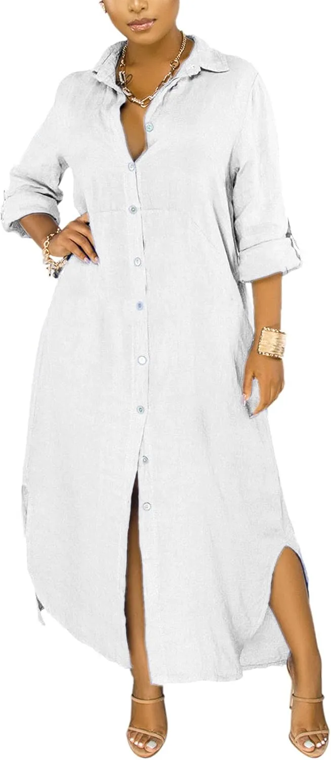 qfmqkpi Women's Solid Color 3/4 Rolled-Up Sleeve Shirts Dress Buttons Down Side Slit Maxi Dresses