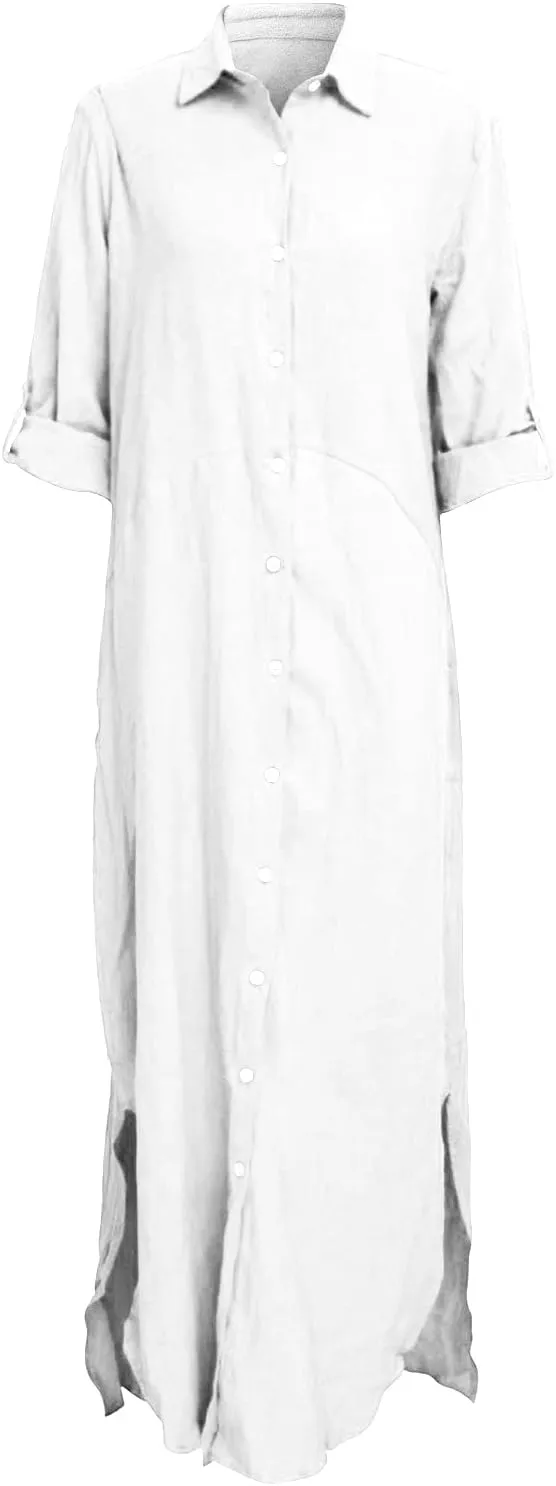 qfmqkpi Women's Solid Color 3/4 Rolled-Up Sleeve Shirts Dress Buttons Down Side Slit Maxi Dresses