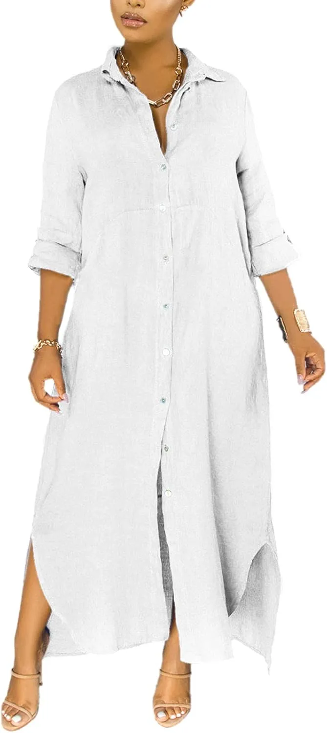 qfmqkpi Women's Solid Color 3/4 Rolled-Up Sleeve Shirts Dress Buttons Down Side Slit Maxi Dresses