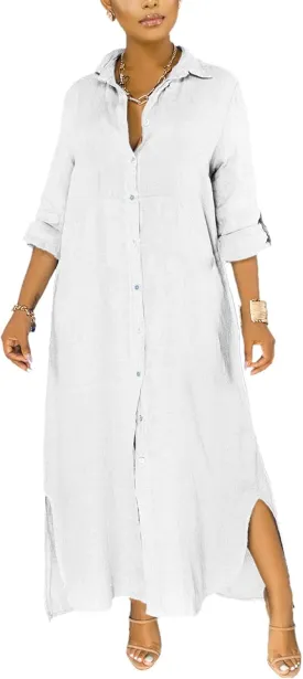 qfmqkpi Women's Solid Color 3/4 Rolled-Up Sleeve Shirts Dress Buttons Down Side Slit Maxi Dresses