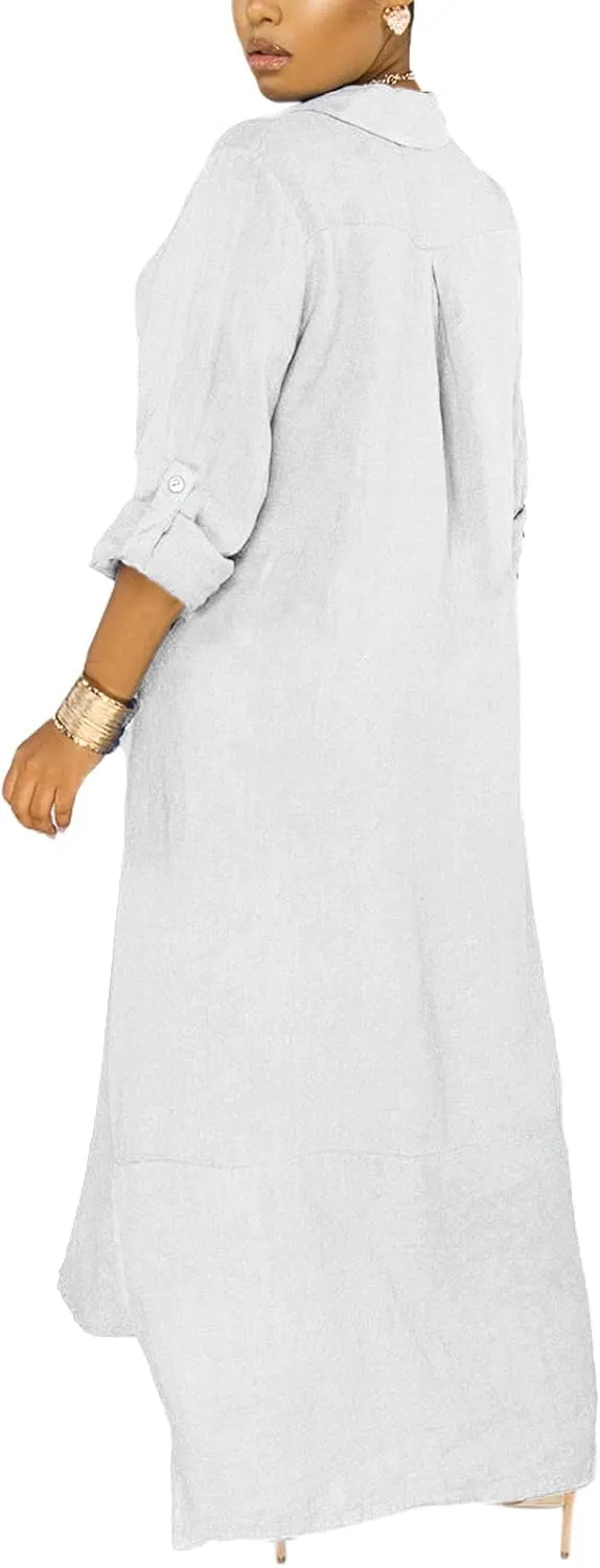 qfmqkpi Women's Solid Color 3/4 Rolled-Up Sleeve Shirts Dress Buttons Down Side Slit Maxi Dresses