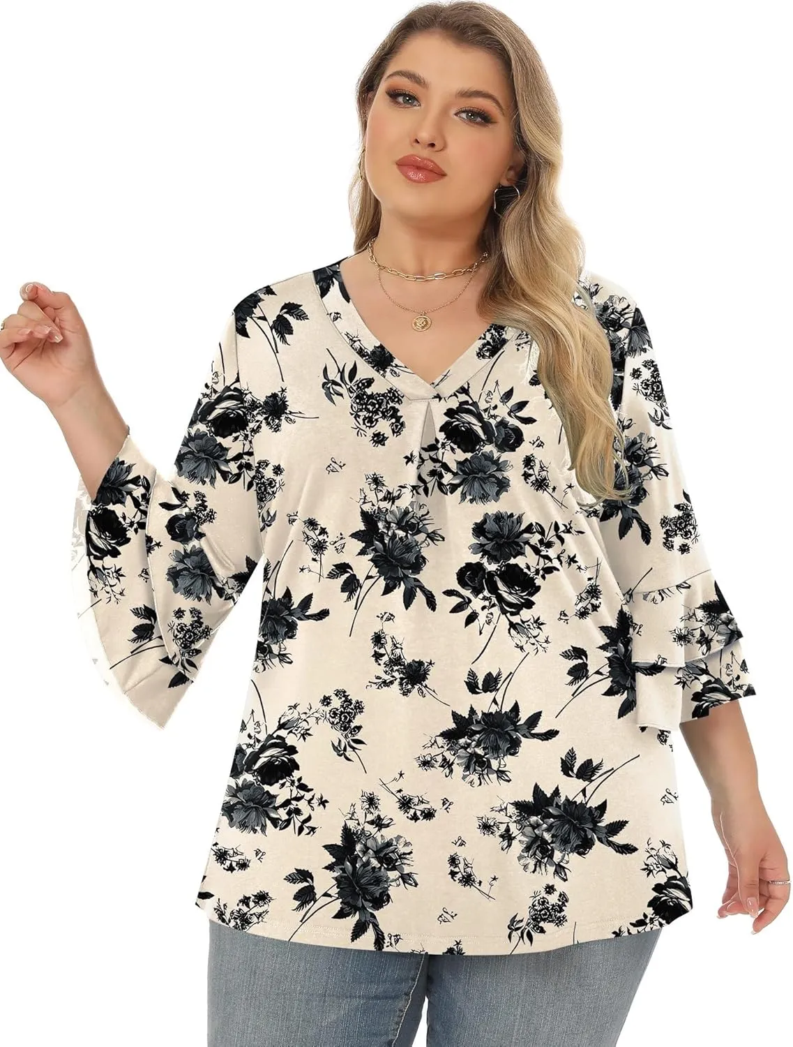 Rapbin Womens Plus Size Tops 3/4 Length Sleeve V Neck Pleated Shirts Loose Fit Tunic Blouse (1X-5X)