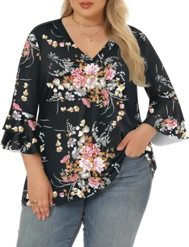 Rapbin Womens Plus Size Tops 3/4 Length Sleeve V Neck Pleated Shirts Loose Fit Tunic Blouse (1X-5X)
