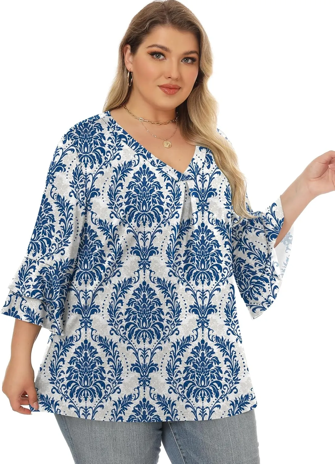 Rapbin Womens Plus Size Tops 3/4 Length Sleeve V Neck Pleated Shirts Loose Fit Tunic Blouse (1X-5X)