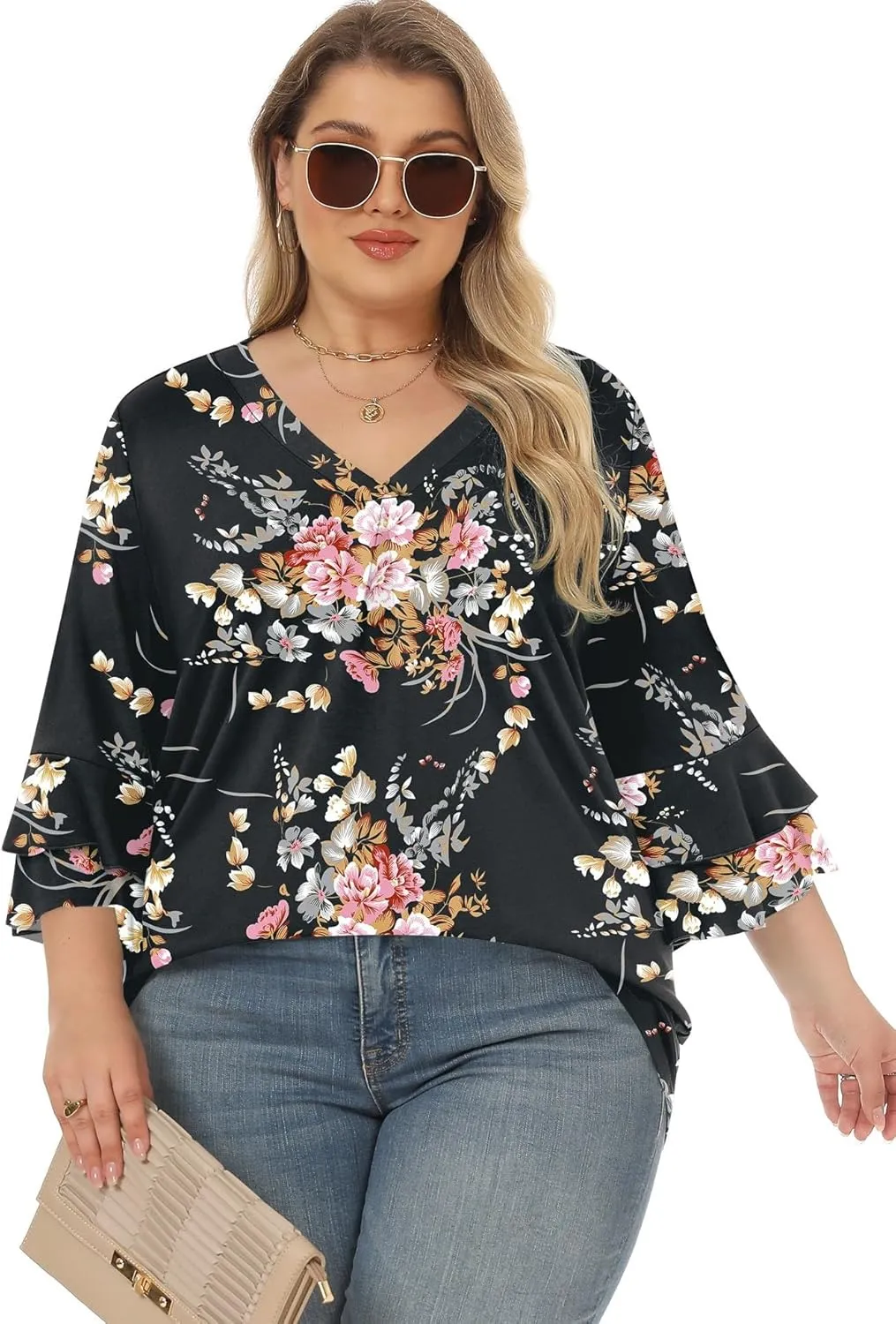 Rapbin Womens Plus Size Tops 3/4 Length Sleeve V Neck Pleated Shirts Loose Fit Tunic Blouse (1X-5X)