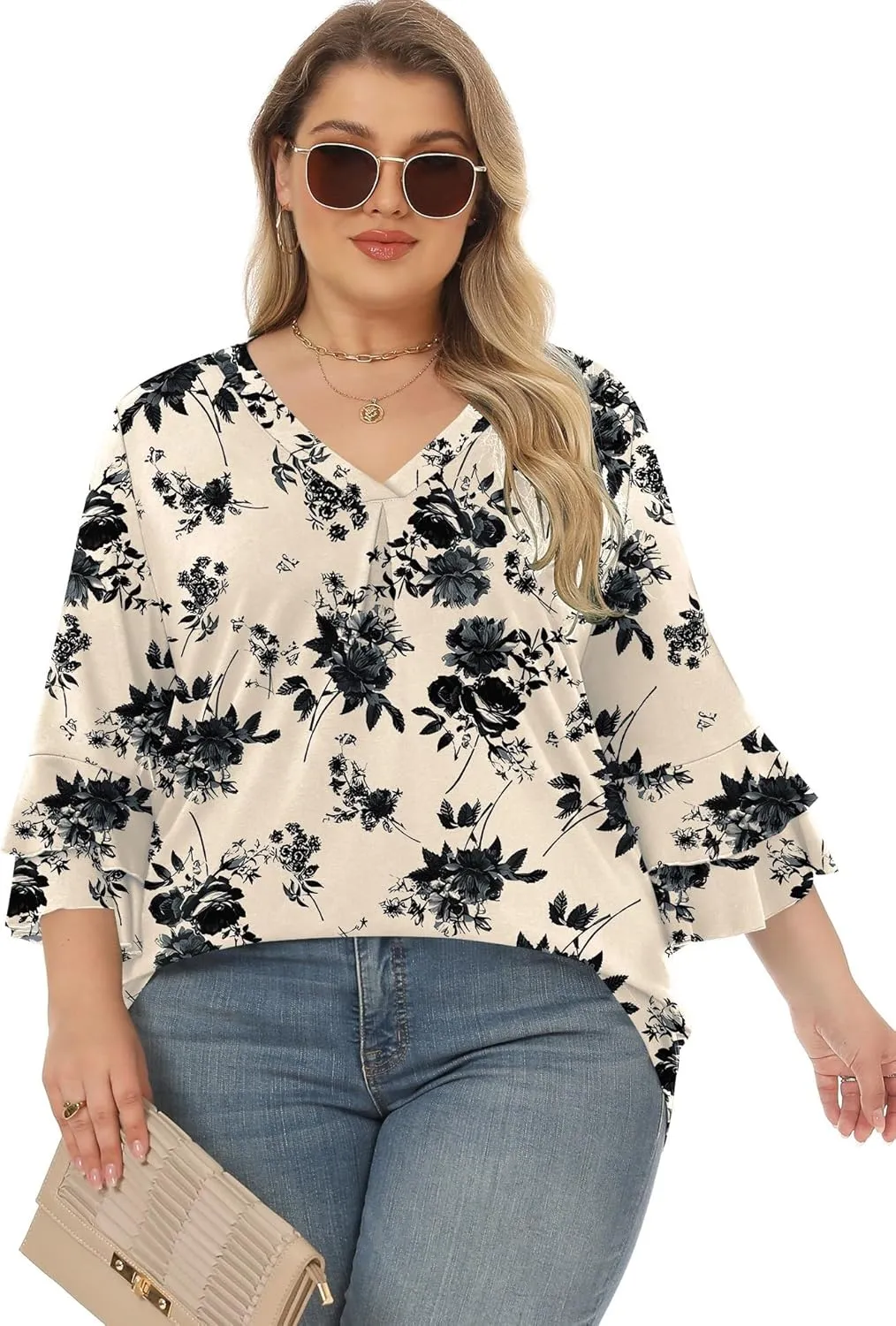 Rapbin Womens Plus Size Tops 3/4 Length Sleeve V Neck Pleated Shirts Loose Fit Tunic Blouse (1X-5X)