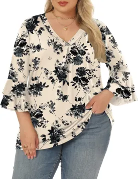 Rapbin Womens Plus Size Tops 3/4 Length Sleeve V Neck Pleated Shirts Loose Fit Tunic Blouse (1X-5X)