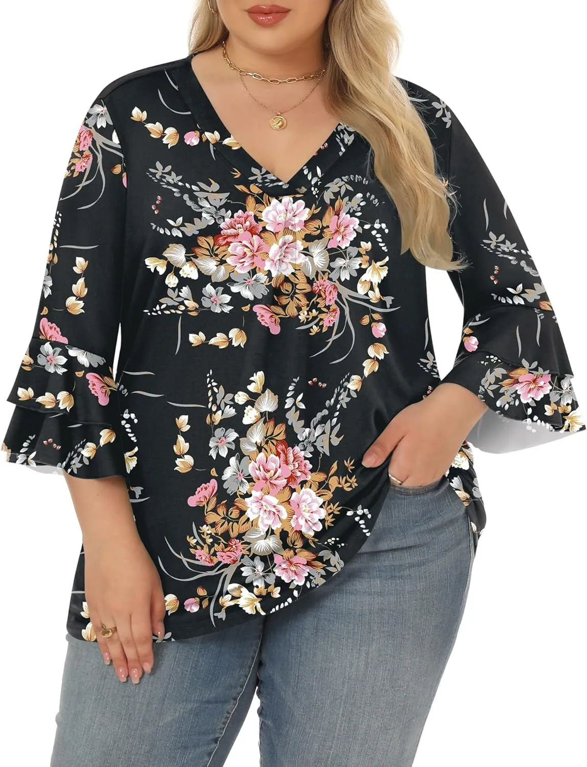 Rapbin Womens Plus Size Tops 3/4 Length Sleeve V Neck Pleated Shirts Loose Fit Tunic Blouse (1X-5X)