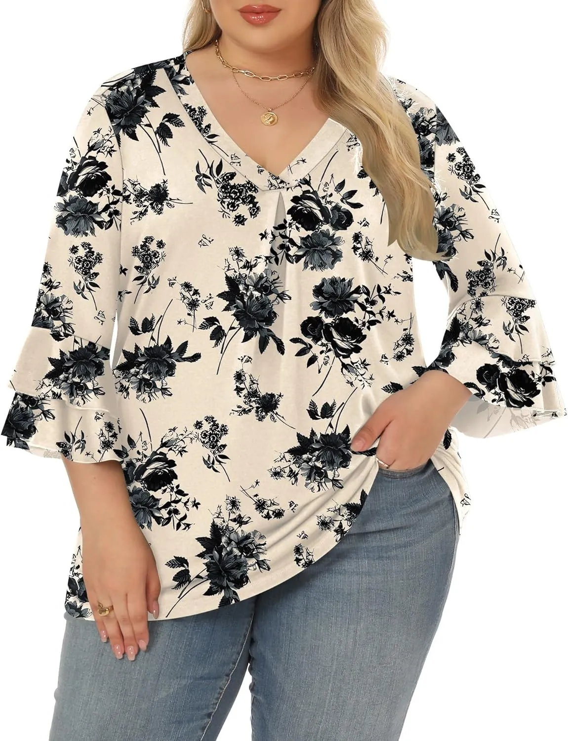 Rapbin Womens Plus Size Tops 3/4 Length Sleeve V Neck Pleated Shirts Loose Fit Tunic Blouse (1X-5X)