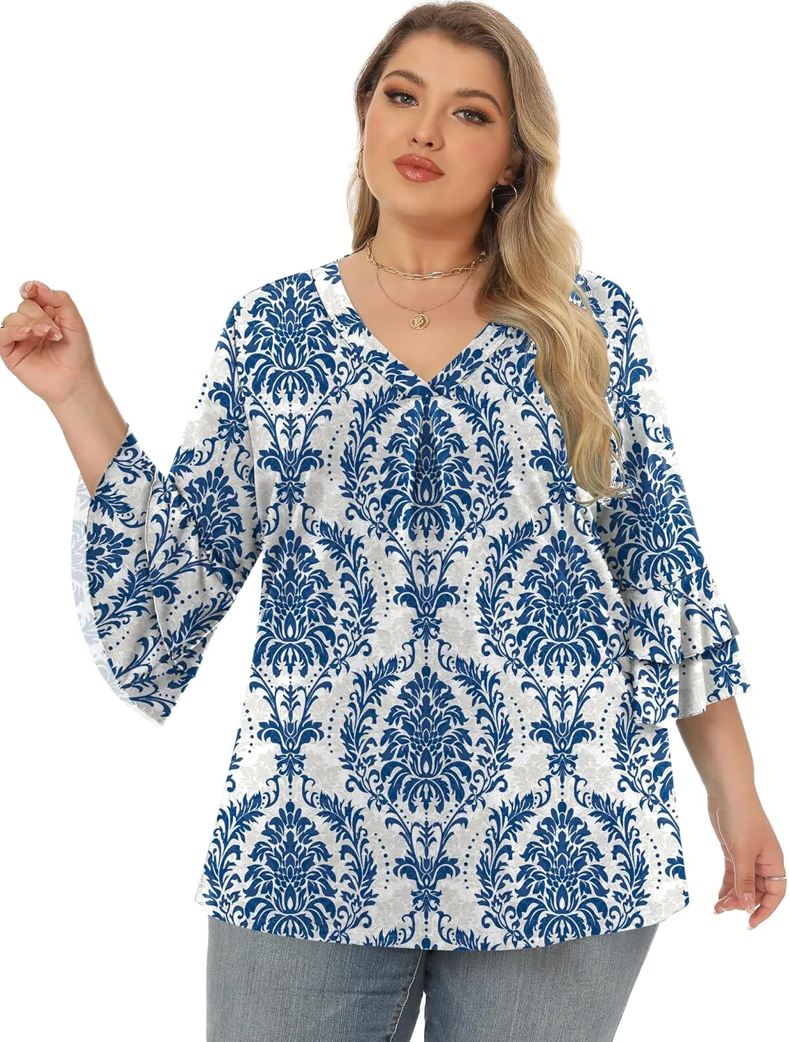 Rapbin Womens Plus Size Tops 3/4 Length Sleeve V Neck Pleated Shirts Loose Fit Tunic Blouse (1X-5X)