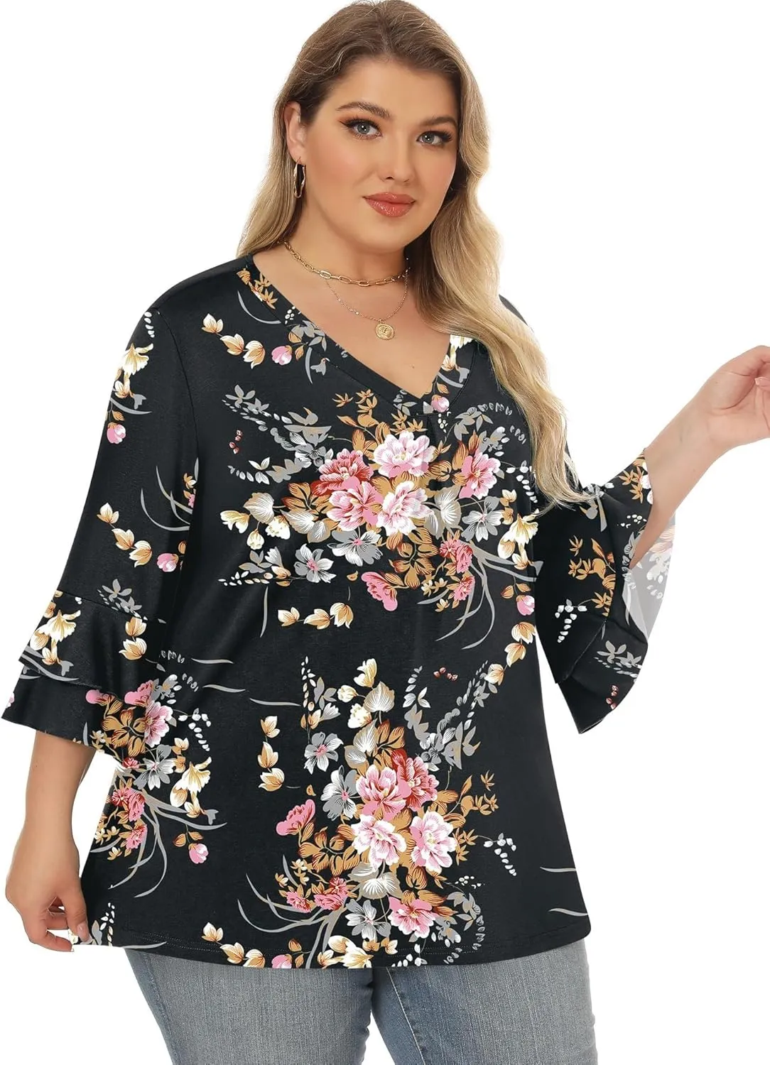 Rapbin Womens Plus Size Tops 3/4 Length Sleeve V Neck Pleated Shirts Loose Fit Tunic Blouse (1X-5X)